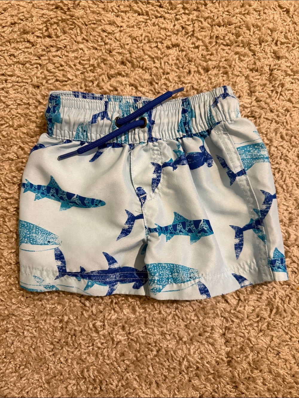 Carter's Light Blue Shark Print Swim Shorts with Navy Drawstring